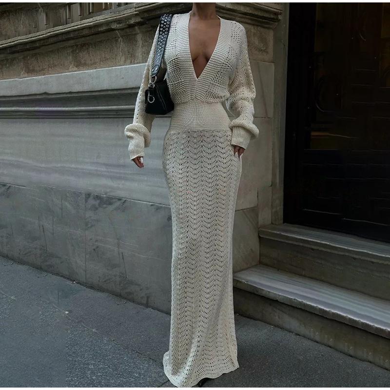 Elegant Knitted Maxi Dresses for Women Summer Long Sleeve V-neck Hollow Out Long Dress Female Chic Evening Party Beach Dresses