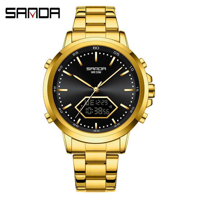 Sanda Men s Multifunction Luminous Waterproof Chronograph Steel Band Dual Display Watch