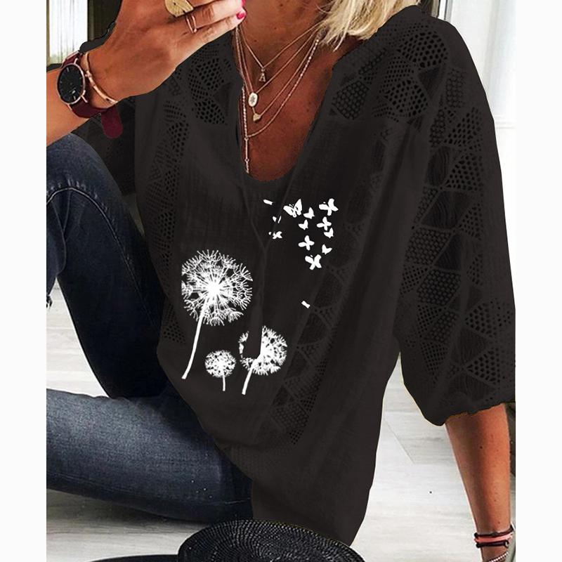 

Летняя свободная лоскутная рубашка с принтом плюс размер, женская рубашка с U-образным вырезом и половиной рукавом, ажурная кружевная блузка, женская элегантная мода, винтажные женские рубашки, топы 24550 2XL чёрный