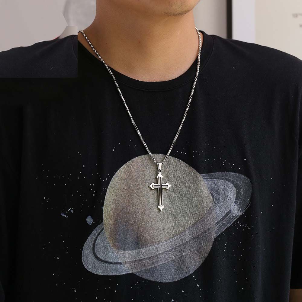Gothic Party Gifts Minimalism Black Silver Color Stainless Steel Cross Pendants Clavicle Chains Men Necklaces Cross Necklaces