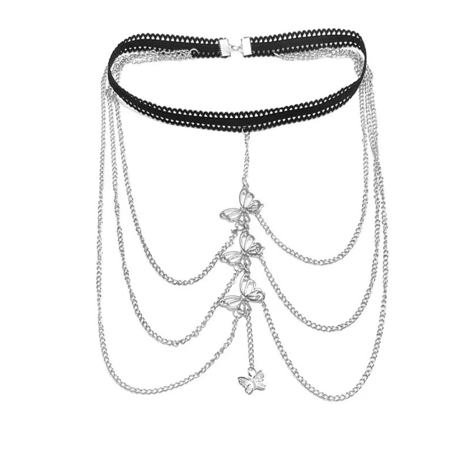 

Multi Layer Chain Body Jewelry Back Necklace with Butterfly Pendants Adjustable Length Metal Waist Chain for Women One Size