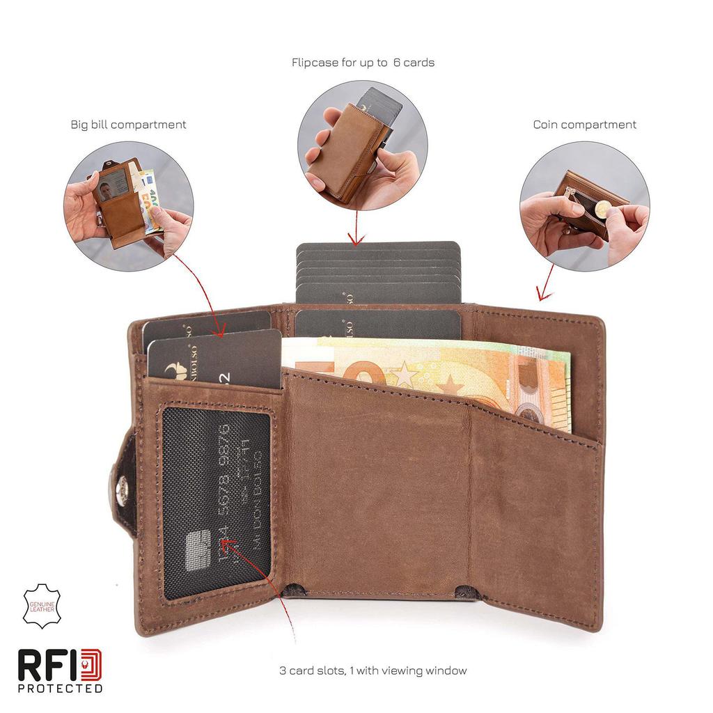 Herren Crazy Horse Leder Kartenhalter Geldbörse mit Diebstahl- und Ausleseschutz - Große Kapazität für mehrere Karten und Münzen
