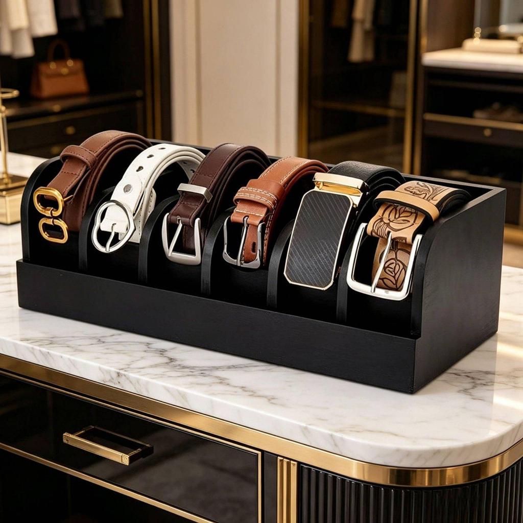 Bamboo Belt Holder Divided Compartments Organizer Box Wooden Material for Men, Women, Dressing