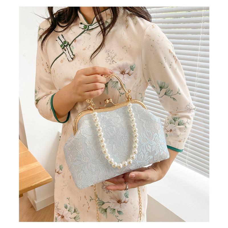 Luxury Oriental Handbag Pearl Embellished Lace Tote Bag for Women