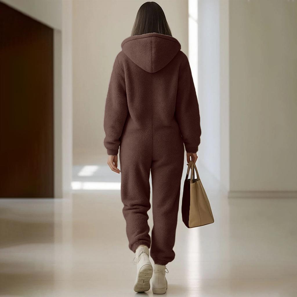 Salopetă de pluș pentru femei cu glugă și buzunar, largă, cu picior drept