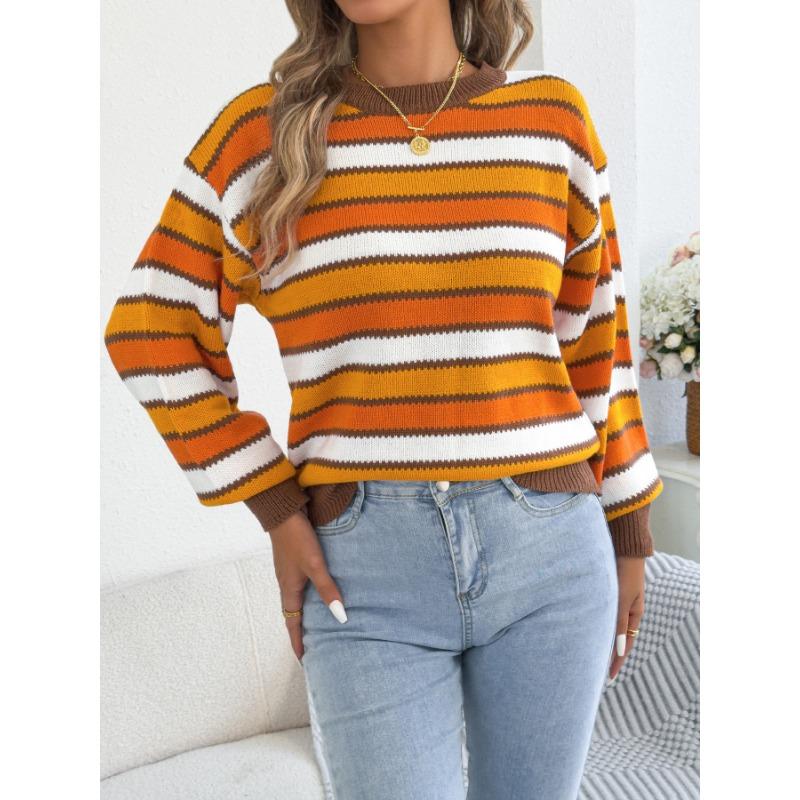 Maglione da Donna Casual a Blocchi di Colore con Strisce, Maniche a Lanterna, Girocollo, Vestibilità Larga