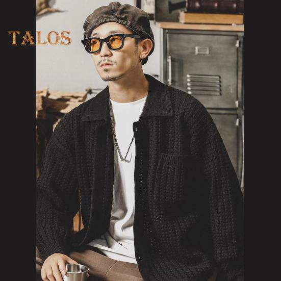 Suéter de otoño-invierno para hombre, cuello vuelto, botonadura sencilla, tejido de punto grueso con bolsillo en el pecho, mangas largas, color liso, elástico, abrigo para uso diario