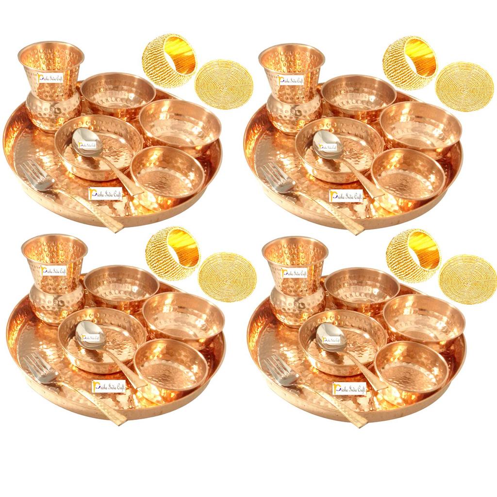 Prisha India Craft Pure Copper Dinner Thali Set, Serveware & Dinnerware, Hammered Traditional Design, Service for 4