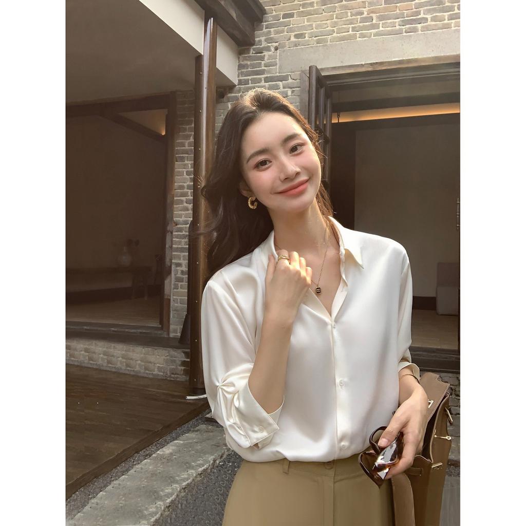 Pusumed Premium Acetate Shirt Women's Satin Glossy Loose Drop Seven-Sleeve Temperament Commuter Top