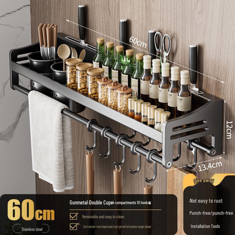 

Настенная полка для ножей и специй из нержавеющей стали цвета «оружейный серый» – Безударное решение для хранения на кухне