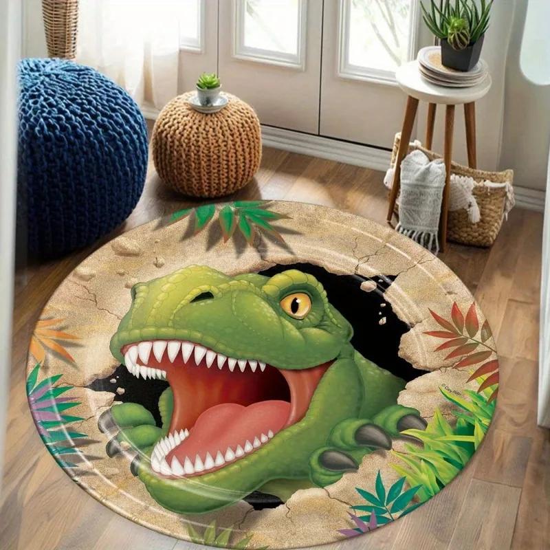 Cartoon Dinosaur Round Area Rug–Soft Washable Floor Mat for Kids' Room or Living Room – Non-Slip Play Area Carpet, Nursery Decor
