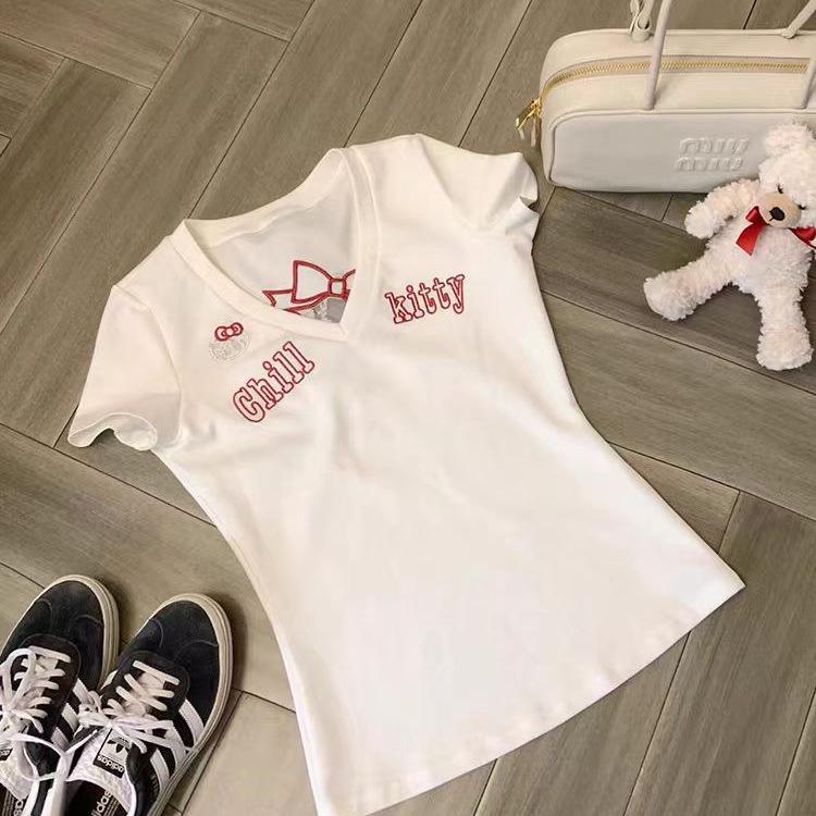 

Women s Slim Fit V-Neck Short Sleeve Kitty Embroidery T-Shirt Large
