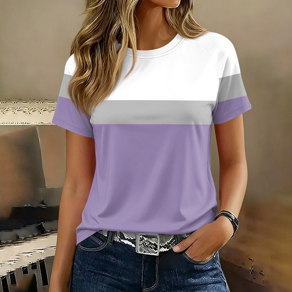 Women's Fashion Raglan Sleeve Crew Neck Casual Colorblock Print Short Sleeve Top Lightweight Soft Fabric Comfortable Fit