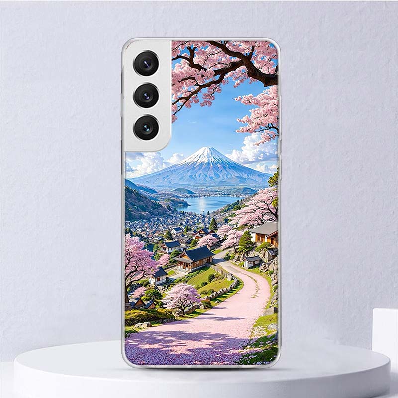 Japanese Cherry Mount Fuji Soft Case For Samsung Galaxy S25 S24 S23 S22 Ultra Phone Cover S20 FE S21 Plus S25 Edge + Funda Coque