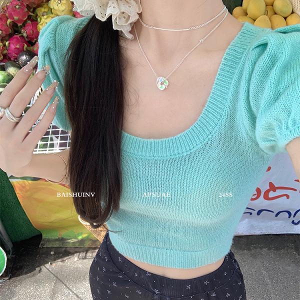 

Women s Chic Korean Style Bubble Knit Short Sleeve Slim Fit Square Neck Top One Size [Recommended for up to 125 lbs] зелёный