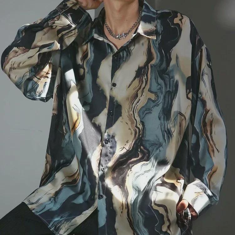 Unisex Retro Hong Kong-Style Floral Long-Sleeve Shirt - Loose, Trendy Cuban-Inspired Design