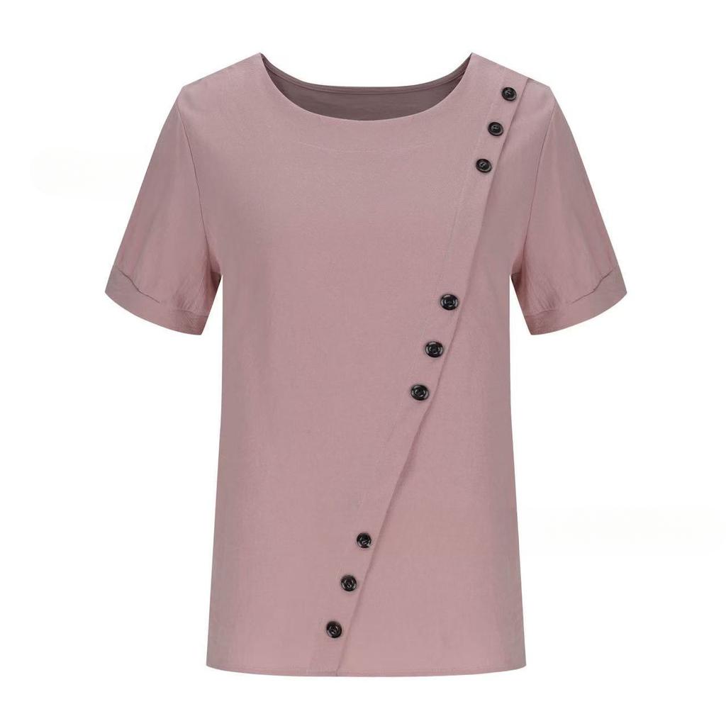 Temperament Casual Round Neck Top Cotton and Linen Button Up Women’s Blouses & Shirts