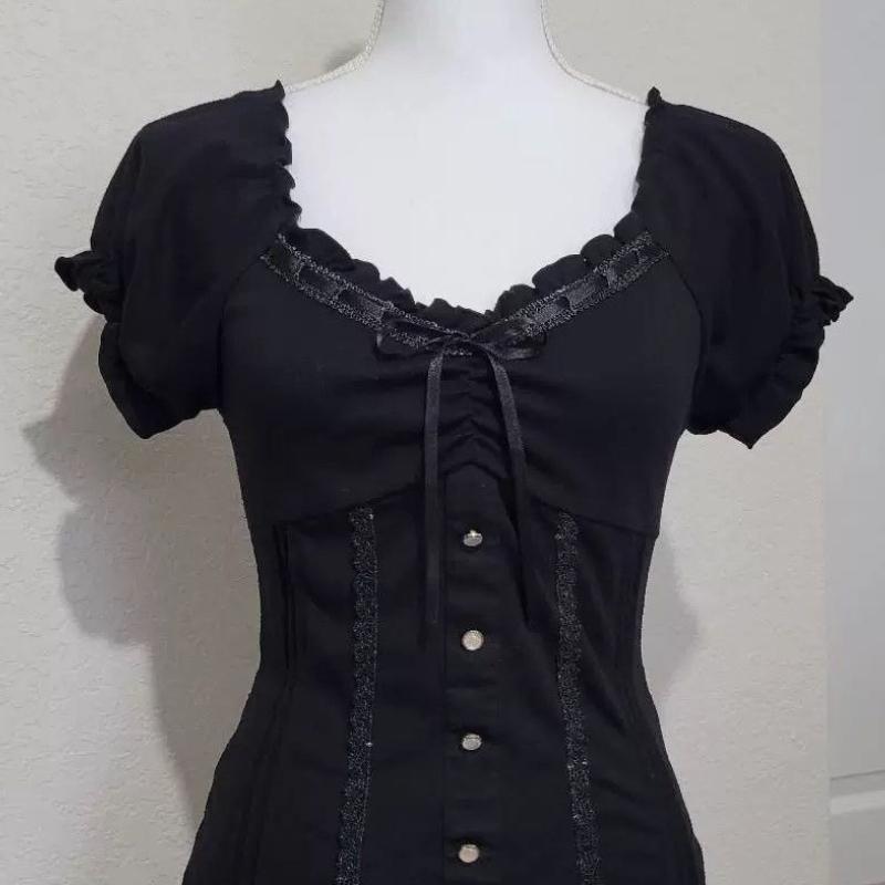 Vintage Black Fashion Bow Sweet Blouse Women Short Sleeve Square Neck Slim Chic Tops New Elegant Casual Y2K Retro Outfits 2025