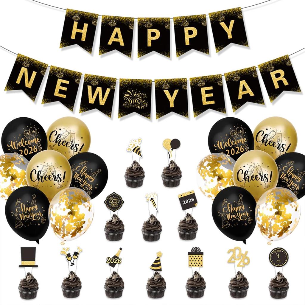 2026 Happy New Year Banner, Black and Gold Party Decorations New Year's Day Gala Party Decorations and Hanging Ornaments