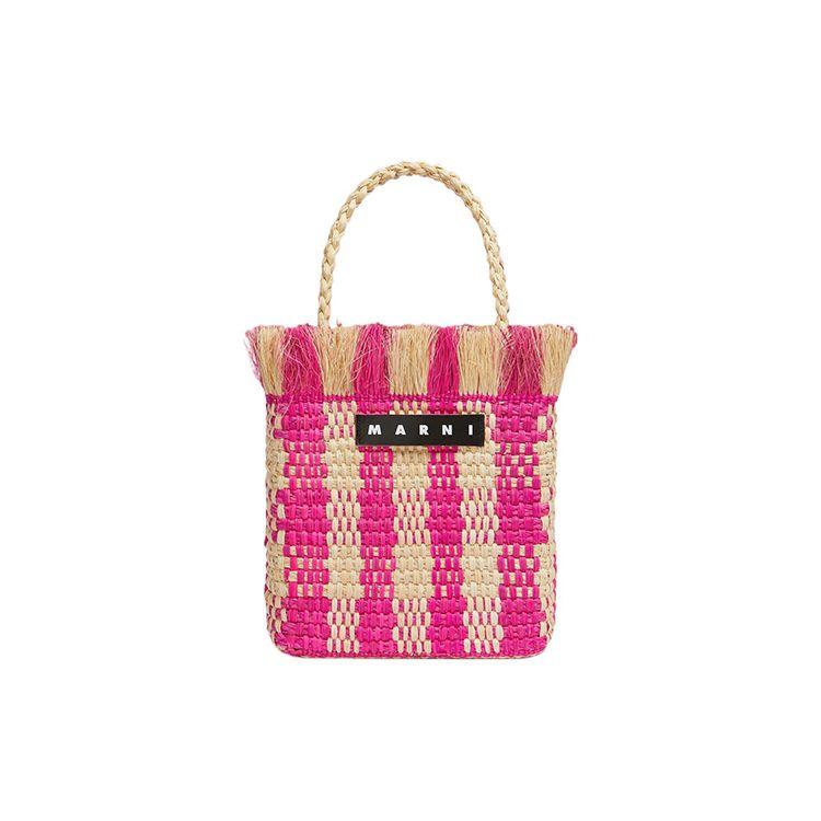 Marni Market Plaid Pattern Fringe Palm Fiber And Leather Tote Bag Small Women handbags Pink Natural SHMH0038A0RF084CHC18 Basic Set (Bag+Dust Bag)