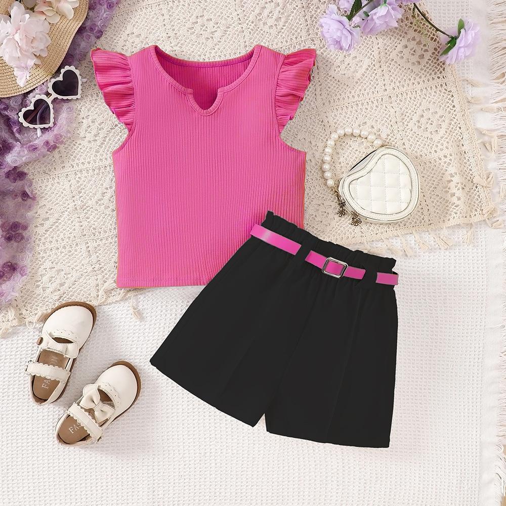 8-12Y Children's Clothing New Girls Spring and Summer Short-sleeved Knitted Top Kids Shorts Suit