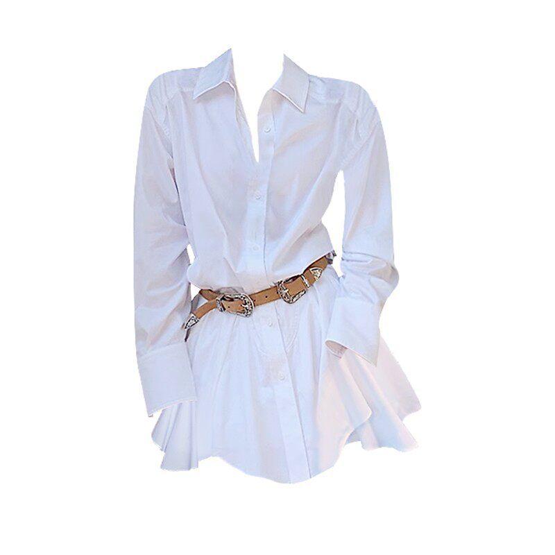 

French Style Polo Collar Long Sleeves Shirt Dress Women s Summer Sexy Short Nipped Waist Shorts Early Autumn Two-piece Set Fashion Cooling White Two-Piece Set [High Quality] S