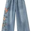 Artistic Retro Heavy Industry Embroidered Cowboy Wide Leg Pants Summer New Style Elastic Waist Versatile Light Blue Nine Cent Pants for Women