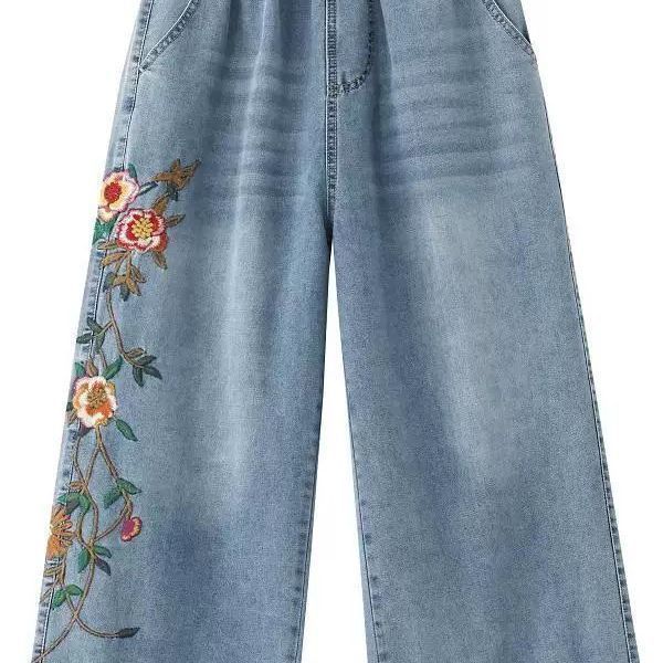 Artistic Retro Heavy Industry Embroidered Cowboy Wide Leg Pants Summer New Style Elastic Waist Versatile Light Blue Nine Cent Pants for Women