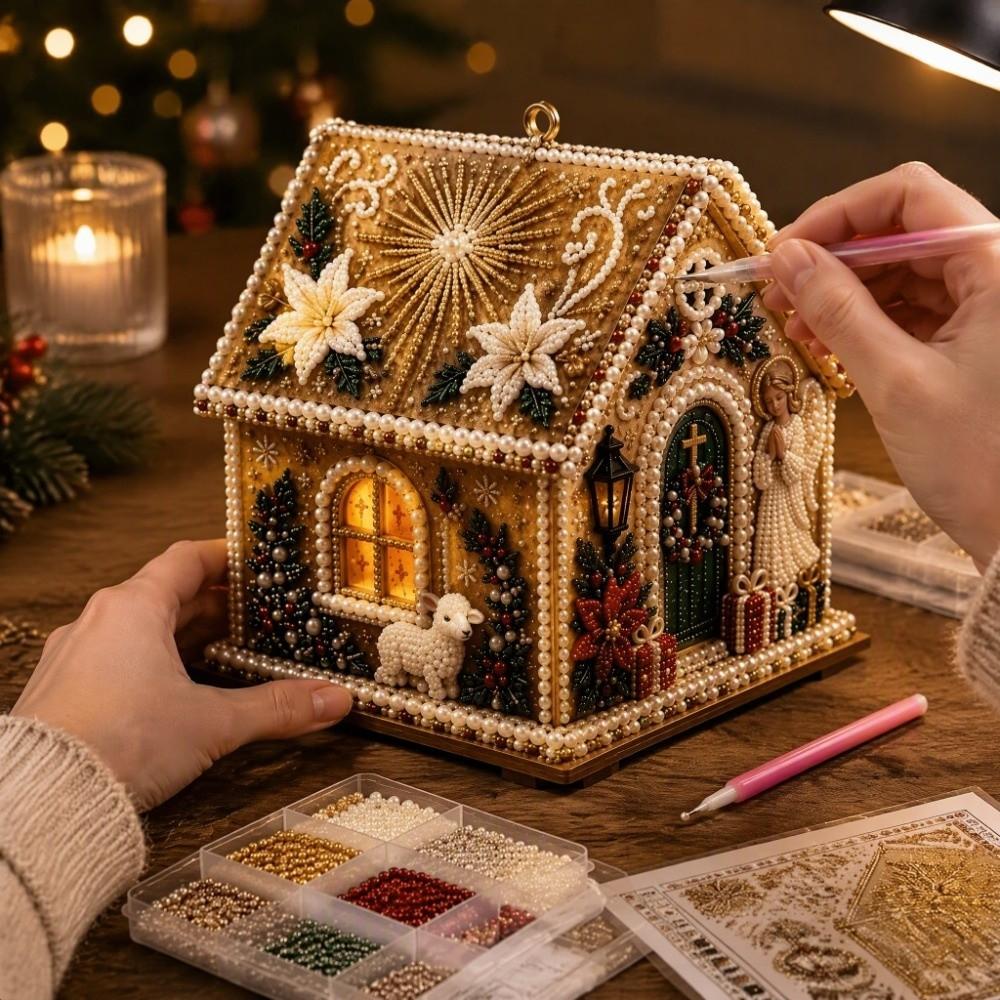 Pearl Bead Wooden House Craft Kit Wooden House DIY Pearl Bead Craft Set  Christmas Decoration