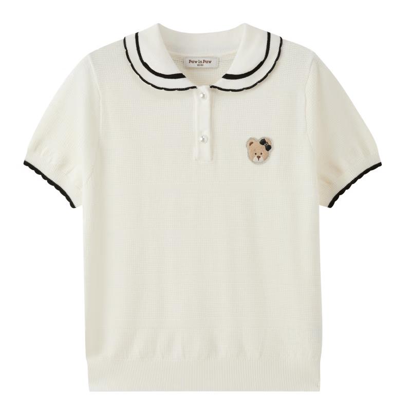 PawinPaw Girls' Cartoon Bear Knit Polo Shirt