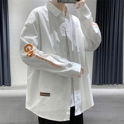 Patch Long Sleeves Shirt Men's plus-Sized Plus Size Trendy Fat Loose Spring and Autumn Workwear Casual Japanese Retro White