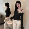 Korean Irregular Diagonal Collar Three-dimensional Flower Knitted Sweater Women's Sweet and Spicy Off-the-shoulder Fungus Edge Versatile 