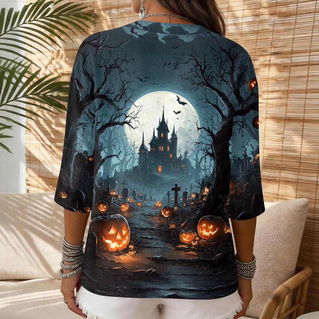 Damen Halloween Print V-Ausschnitt Knopfleiste T-Shirt - Dreiviertel Ärmel Baumwolle Leinen Freizeitbluse