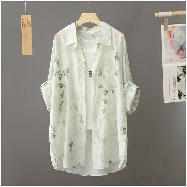 Summer Anti Wrinkle and Drooping Ink Painting Printed and Dyed Shirt Loose Long Sleeved Collar Thin Shirt Sun Protection Clothing