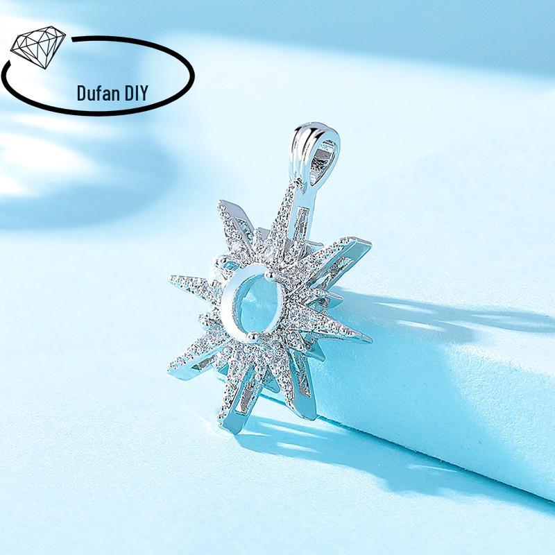 White Gold Octagram Star Copper Pendant, Women's Round CZ Cabochon Setting, Imitation 925 Silver