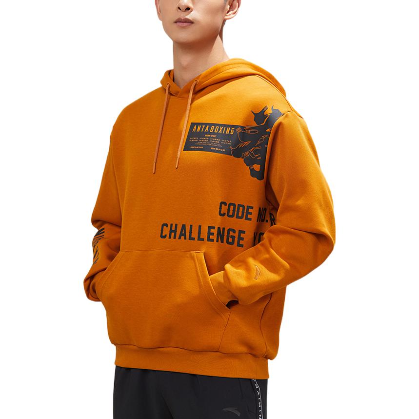 Anta Letter Print Drawstring Hoodie With Long Sleeves Men Tops Brick-Brown 152237722-2