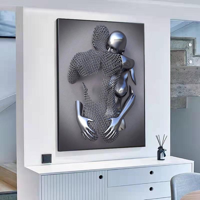 3D Love Heart Grey Metal Figure Statue Posters and Prints Modern Canvas Painting Wall Art Pictures for Living Room Home Decor