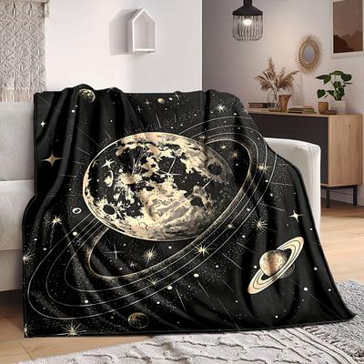 1pc Moon Saturn Print Blanket   Lightweight Flannel Throw Blanket For Sofa, Bed, Living Room, Office, Outdoor Travel, Camping