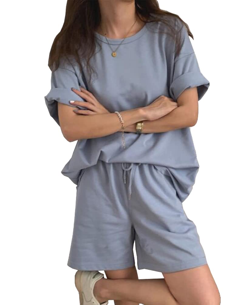 

ASARANS Women s Loungewear Set, T-Shirt and Pants, Short Sleeves, Casual, Comfortable, Loose Fit, Cute (Light Blue, L)