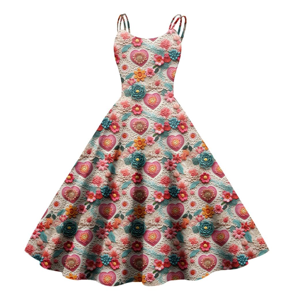 Women's Valentine's Day Love Heart Print Sexy Off Shoulder Vintage Dress