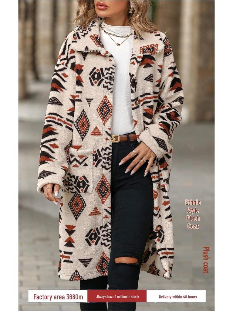 2023 Velvet Ethnic-Style Single-Breasted Long Plush Coat for Women - Autumn/Winter European & American Fashion