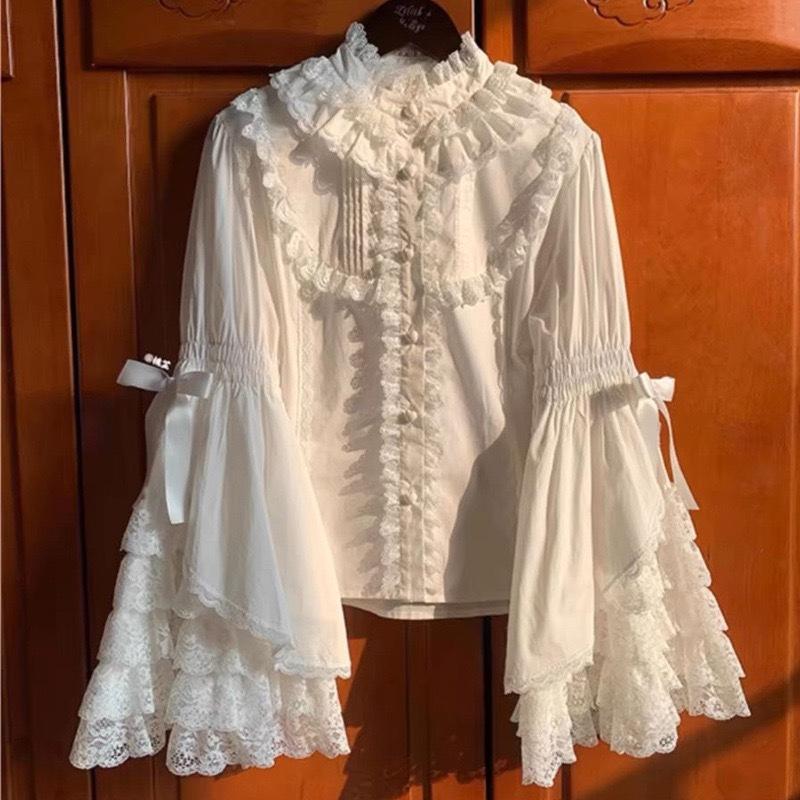 

VAYLA Блузка Лолита Белая - Милая Рубашка с Объемными Рукавами и Кружевными Манжетами для Платья JSK Сладкий Винтажный Стиль S белый