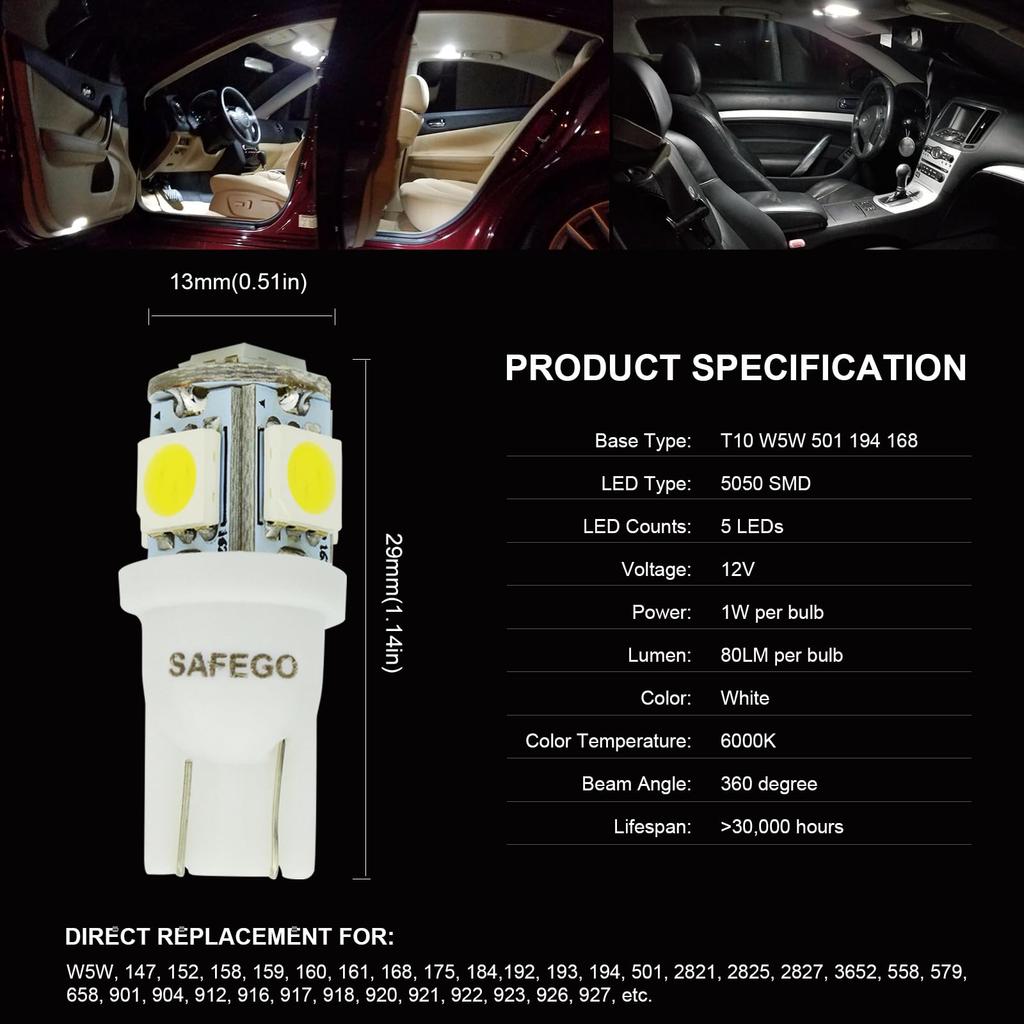 T10 W5W Led Car Light - Safego Bulb Wedge Type Light Bulb Car Lamp