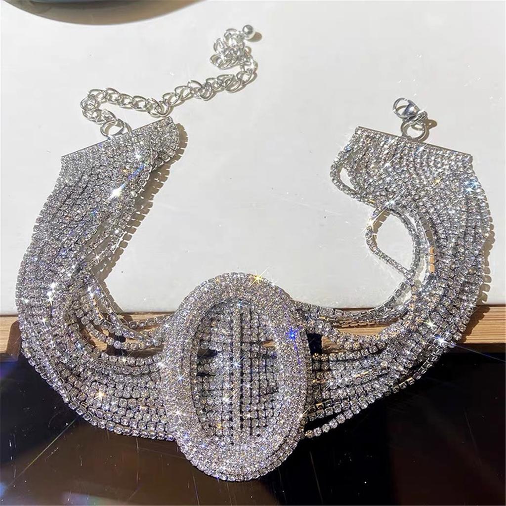 Tooxika Fashionable Oval Belt Buckle Multi-Row Claw Chain Sparkling Diamonds Necklace Celebrity Style Necklace Collar Chain