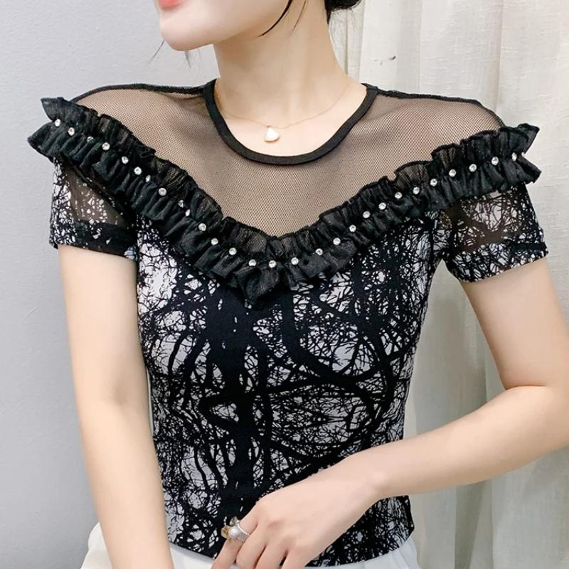 Módní letní dámské elegantní volánky s korálky tričko elegantní s krátkým rukávem s kulatým výstřihem sexy topy dámské univerzální ležérní trička