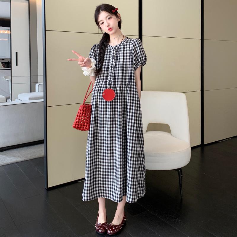 In Stock: 2026 Summer Maternity Puff Sleeve French Plaid Dress with Gathered Bust 2XL
