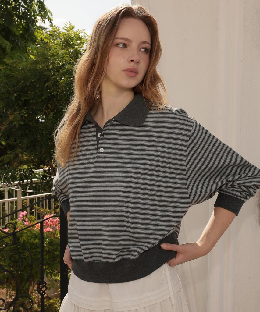 DEHEVE Collar Stripe Sweatshirt [Gray]