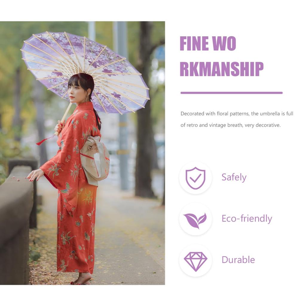 CALLARON Traditional Japanese Oiled Paper Umbrella with Floral Silk Classic Retro Dance Umbrella for and Party Lightweight 270g with Wooden Handle