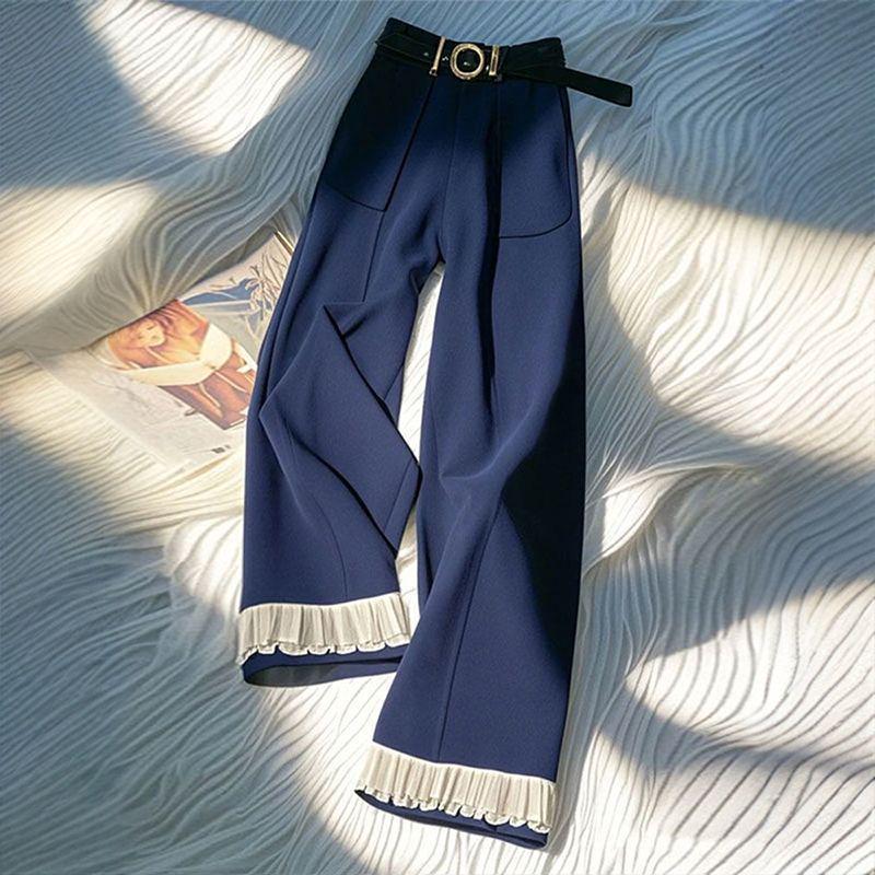 

2026 Spring/Summer Navy Blue Lace Patchwork Wide-Leg Pants - Flattering Loose Fit for Petite Women XXS темно-синього кольору