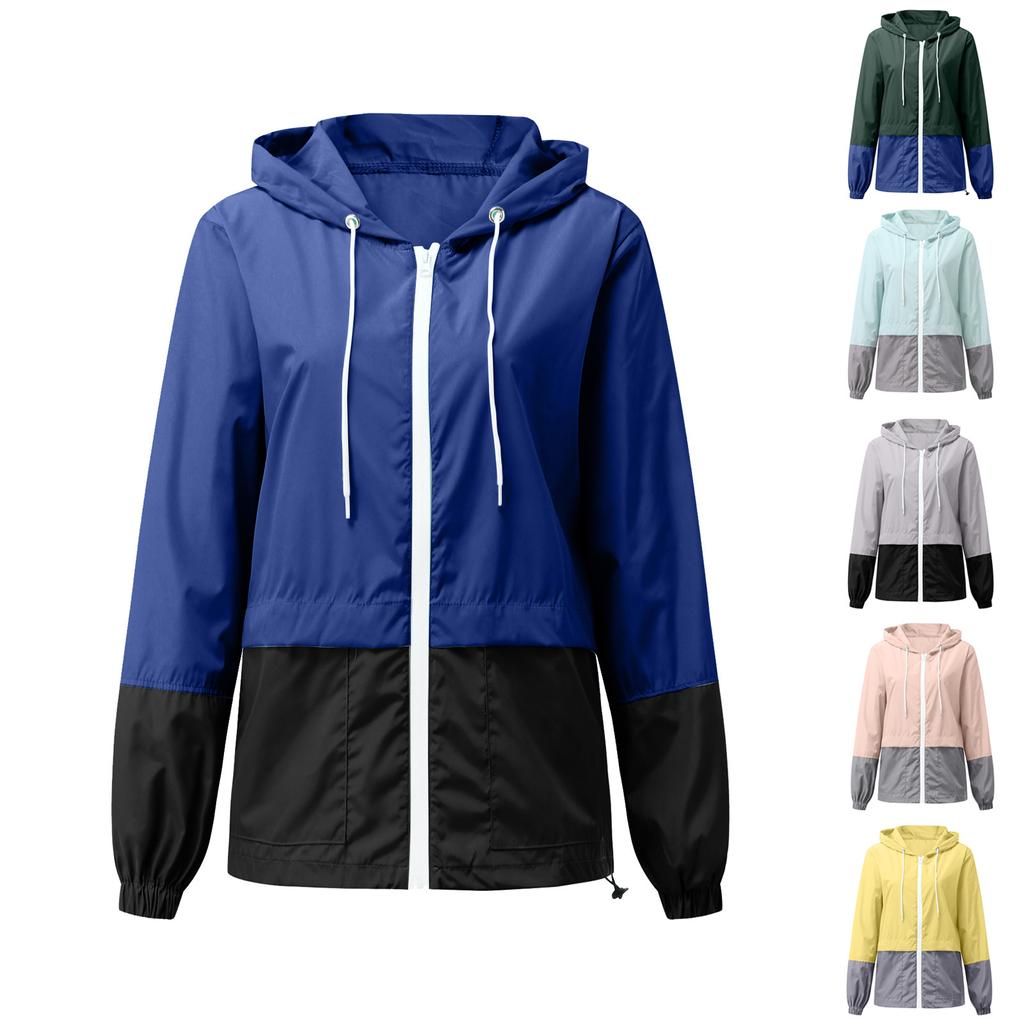 Women’s Patchwork Rain Jacket Outdoor Jackets Hooded Raincoat Windproof